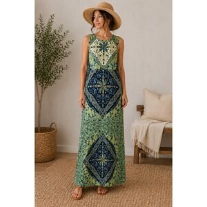 Chicos Maxi Dress Women's Boho Geometric Print Sz XS Sleeveless Tie Side Slit